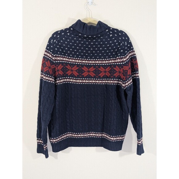 Lands End Men's Lambswool Cable Knit Fair Isle Sweater Navy Shawl Collar Sz XL - Picture 10 of 10